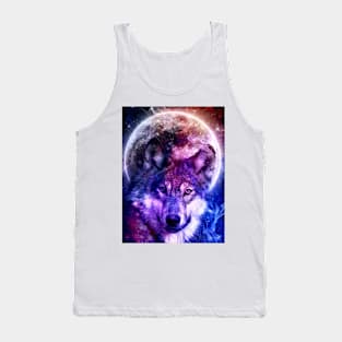 Mystical Wolf Face in Front of the Moon and galaxy Tank Top